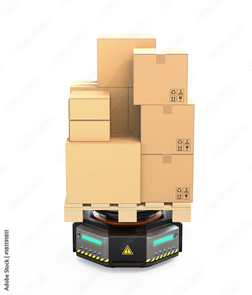 Aufkleber front view of black warehouse robot carrying cardboard boxes isolated on white background. 3d render