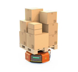 Orange warehouse robot carrying cardboard boxes isolated on white background. 3D rendering image.