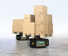 Black warehouse robot carriers carrying cardboard boxes. 3D rendering image.