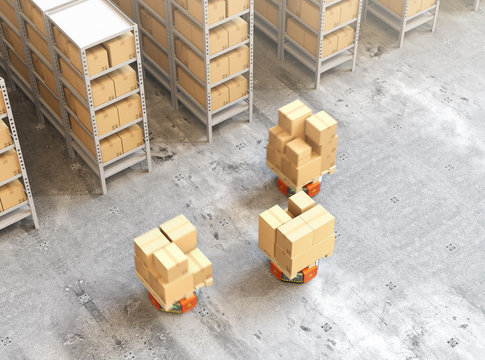 Orange robot carriers carrying pallets with goods in modern warehouse.  Modern delivery center concept. 3D rendering image.