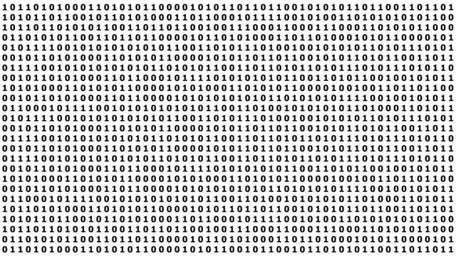 Full frame of binary numbers, zeros and ones. Simple binary code white on black, alpha matte. Animation element.