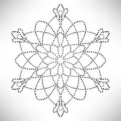 Ornamental round dotted flower isolated on white background. Black halftone mandala. Geometric circle element. Vector illustration.