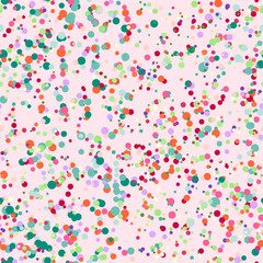 Abstract seamless pattern with colorful blue, yellow, orange, red, chaotic small circles on pink. Infinity messy geometric pattern. Vector illustration. 