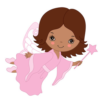 Vector Cute Little African American Fairy with Magic Wand