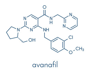 Avanafil erectile dysfunction drug molecule. PDE5 inhibitor used in treatment of impotence. Skeletal formula.