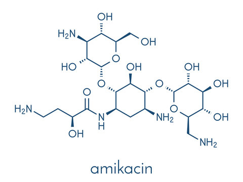 Amikacin aminoglycoside antibiotic molecule. Mostly used as last-resort treatment of multidrug-resistant Gram-negative bacteria. Skeletal formula.