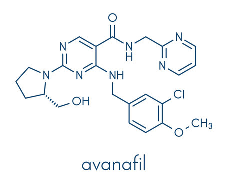 Avanafil erectile dysfunction drug molecule. PDE5 inhibitor used in treatment of impotence. Skeletal formula.