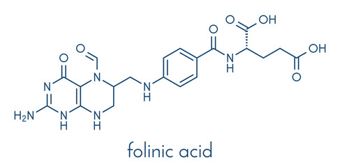 Folinic acid (leucovorin) drug molecule. Used as adjuvant during cancer chemotherapy with methotrexate. Skeletal formula.