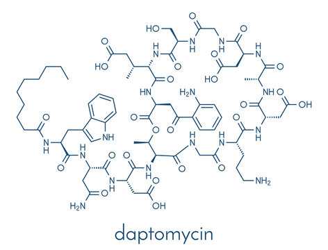 Daptomycin antibiotic drug molecule. Skeletal formula.