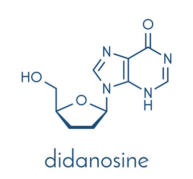 Didanosine (2&prime;,3&prime;-dideoxyinosine, ddI) HIV drug molecule. Skeletal formula.