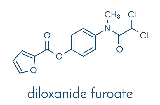 Diloxanide furoate amoebiasis drug molecule. Used in treatment of Entamoeba histolytica infections. Skeletal formula.