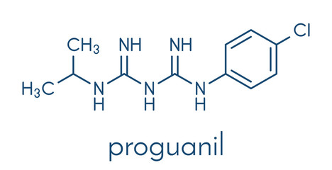 Proguanil prophylactic malaria drug molecule. Skeletal formula.