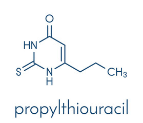 Propylthiouracil (PTU) hyperthyroidism drug molecule. Skeletal formula.