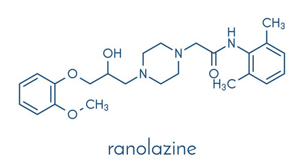 Ranolazine antianginal drug molecule. Used in treatment of chronic angina pectoris. Skeletal formula.
