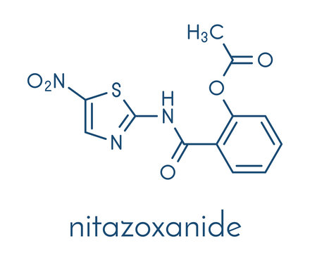 Nitazoxanide antiprotozoal drug molecule. Skeletal formula.