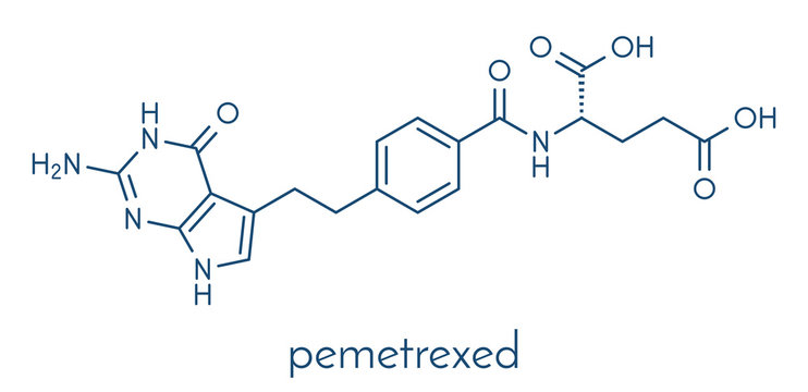 Pemetrexed lung cancer drug molecule. Skeletal formula.