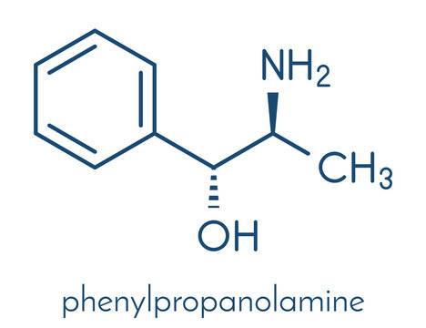 Phenylpropanolamine (norephedrine, norpseudoephedrine, beta-hydroxyamphetamine) drug molecule. Used as stimulant, decongestant and anorectic agent. Skeletal formula.