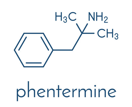 Phentermine appetite suppressant drug molecule. Used in treatment of obesity. Skeletal formula.