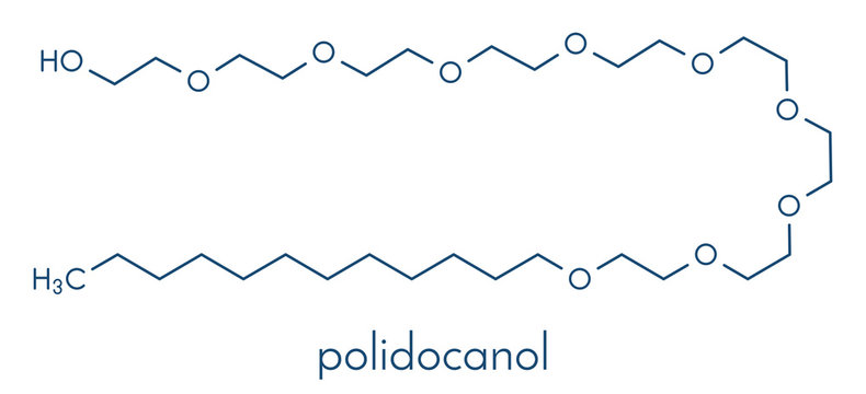 Polidocanol sclerosant drug molecule. Used in treatment of varicose veins. Skeletal formula.