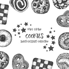 Cookies background design template. Vintage black and white illustration. Sweet and Baked vector element.
