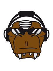 cool gesicht kopf dj party feiern musik platte auflegen mischpult club disko auflegen fleischfresser böse monster tyrannus saurus rex hörner t-rex groß comic cartoon dinosaurier saurier dino