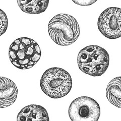 Cookies seamless pattern background design template. Vintage black and white illustration. Sweet and Baked vector element.
