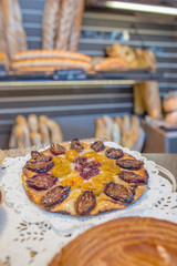 Cake on display in a bakery