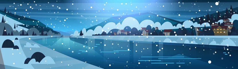 Draagtas Winter Landscape Of Night In Small Village On Banks Of Frozen River And Mountain Hills Covered With Snow Horizontal Banner Flat Vector Illustration © mast3r