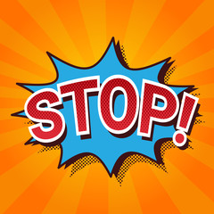 Pop Art Comic Icon Stop Lettering In Chat Bubble Exploding Vector Illustration