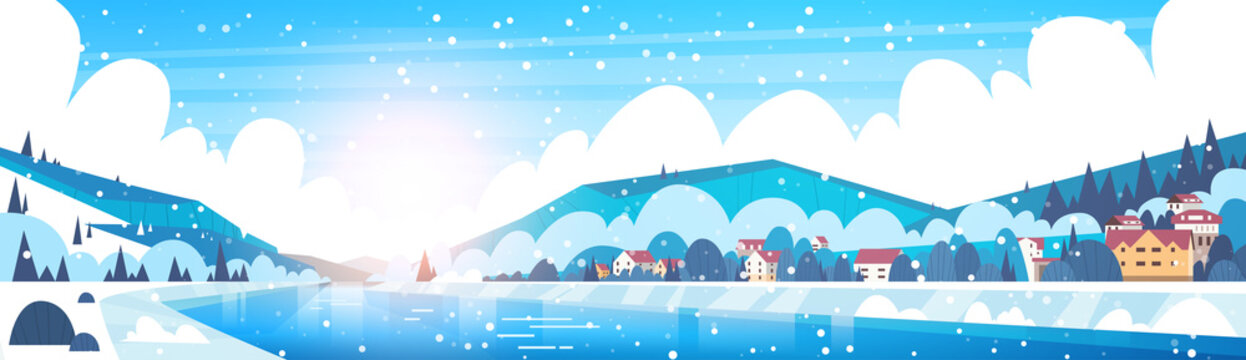 Winter Landscape Of Small Village Houses On Banks Of Froze River And Mountain Hills Covered With Snow Horizontal Banner Flat Vector Illustration