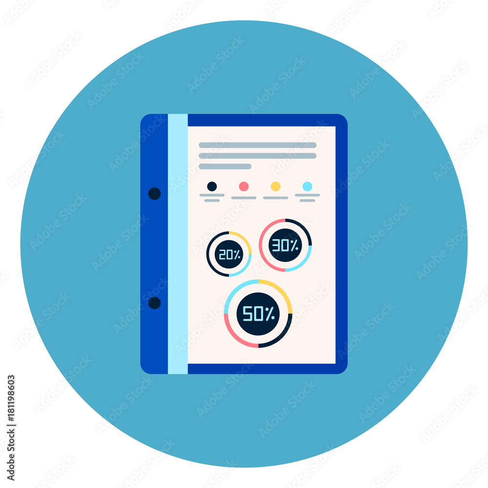 Poster document file with report diagrams icon on blue round background flat vector illustration