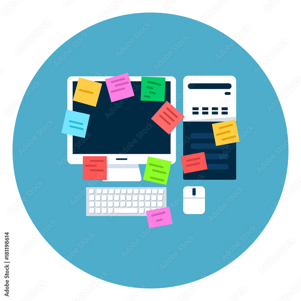 Poster computer desktop with paper notes icon on blue round background flat vector illustration