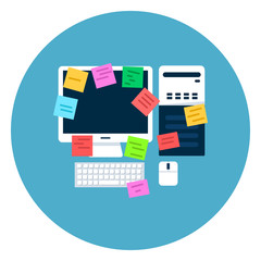 Computer Desktop With Paper Notes Icon On Blue Round Background Flat Vector Illustration