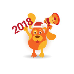 Dog In Santa Hat Hold Megaphone Over White Background New Year 2018 Sign Vector Illustration