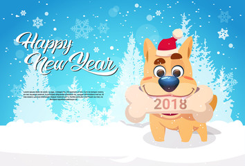 Fototapeta premium Dog In Santa Hat Holding Bone With 2018 Sign Over Winter Forest Happy New Year Greeting Banner With Copy Space Flat Vector Illustration