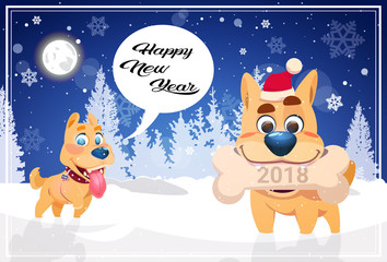 Fototapeta premium Happy Winter Holidays Banner Background With Cute Dogs Over Night Snowy Forest New Year 2018 Concept Flat Vector Illustration
