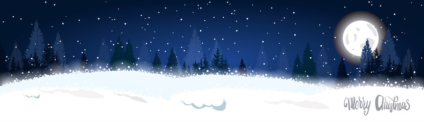 Fototapeta na wymiar Christmas Winter Forest Landscape Horizontal Banner Fir Trees Over Moon And Stars In Sky Background Vector Illustration