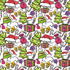 Seamless Pattern With Christmas Symbols On White Background Winter Holiday Ornament Vector Illustration