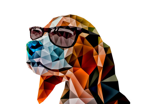 多角形で出来た抽象的な犬と白い背景