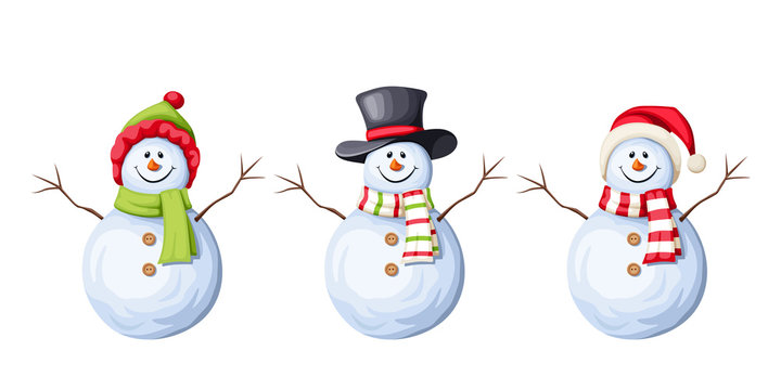 Vector set of three Christmas snowmen isolated on a white background.