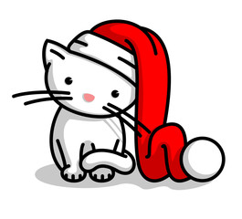 Cute Little Santa Claus Christmas Kitten. Vector Illustration Of A Baby Cat Wearing Santa Claus Hat.