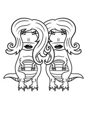 2 freundinnen team paar mädchen frau weiblich hübsch schön girl fleischfresser böse monster tyrannus saurus rex t-rex groß comic cartoon dinosaurier saurier dino