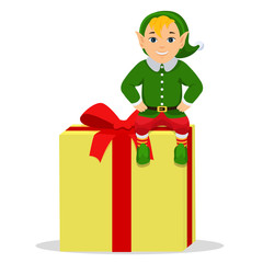 Obraz na płótnie Canvas Vector cartoon cute elf sitting on a box with gift