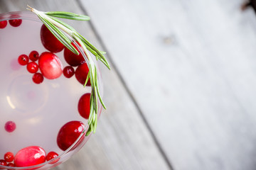 Tasty christmas cocktail with cranberry and foxberry. Shallow depth of field. Selective focus.