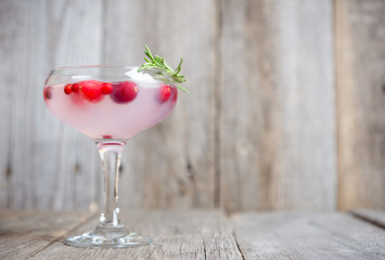 Tasty christmas cocktail with cranberry and foxberry. Shallow depth of field. Selective focus.