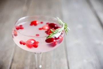 Tasty christmas cocktail with cranberry and foxberry. Shallow depth of field. Selective focus.