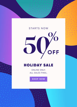 Holiday Sale Banner, 50% OFF Special Offer Ad. Discount Promotion Vector Banner. Price Discount Offer. Season Sale Promo Sticker colorful background.