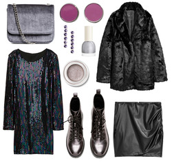 Fashionable women's clothing collage street style with skirt, earrings, sunglasses, bag, shoes