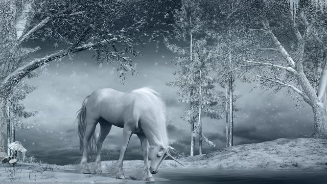 Unicorn near a frozen creek