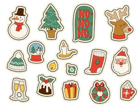 Christmas greeting card stickers symbols vector winter celebration design holidays winter decoration ornament illustration.